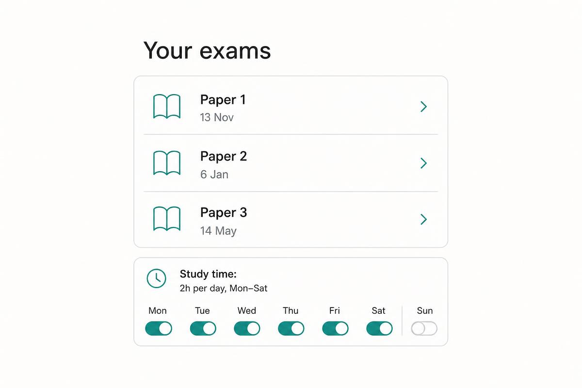 Exam setup screen showing Paper 1 on 13 November, Paper 2 on 6 January, Paper 3 on 14 May and two hours of study per day
