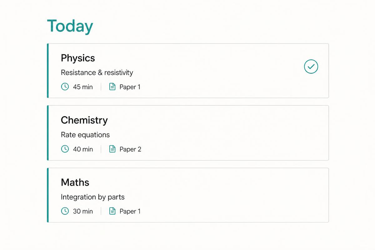 A daily Reschedule plan listing three revision tasks with subject, subtopic, duration and paper