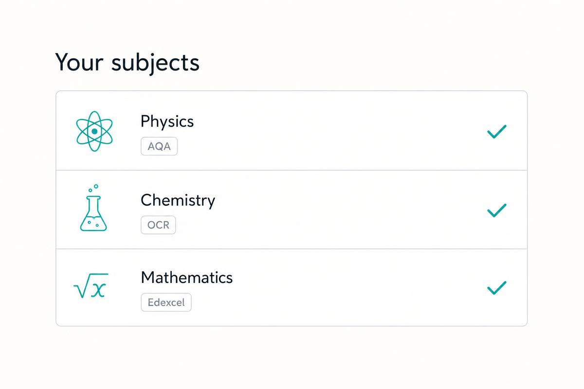 Subject setup screen listing Physics with AQA, Chemistry with OCR and Mathematics with Edexcel